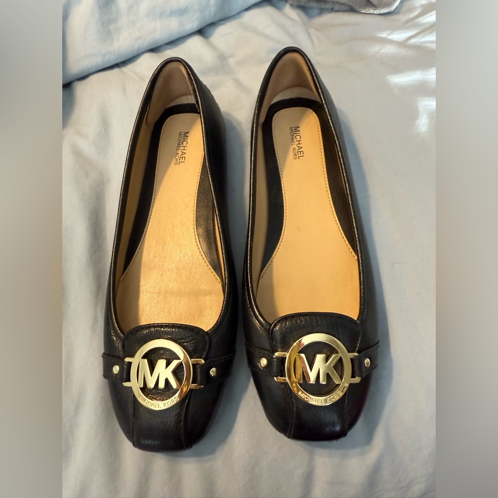 Michael Kors Black Leather Loafers with Gold Accents